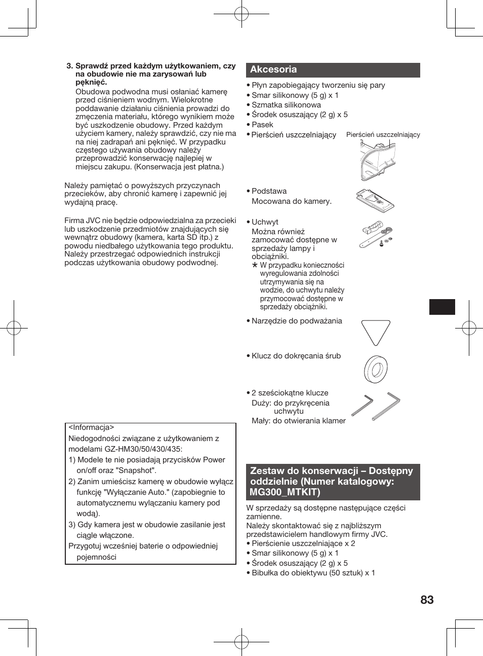 Akcesoria, Mg300_mtkit), Środki bezpieczeństwa | JVC WR-MG300 User Manual | Page 83 / 114