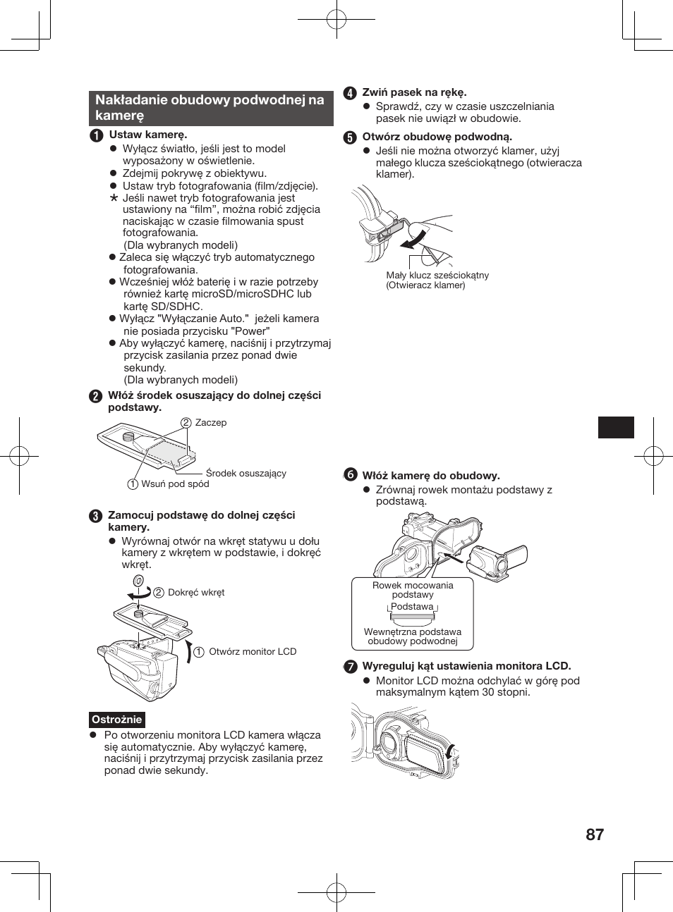 Nakładanie obudowy podwodnej na kamerę, Części i funkcje, Przygotowanie | JVC WR-MG300 User Manual | Page 87 / 114