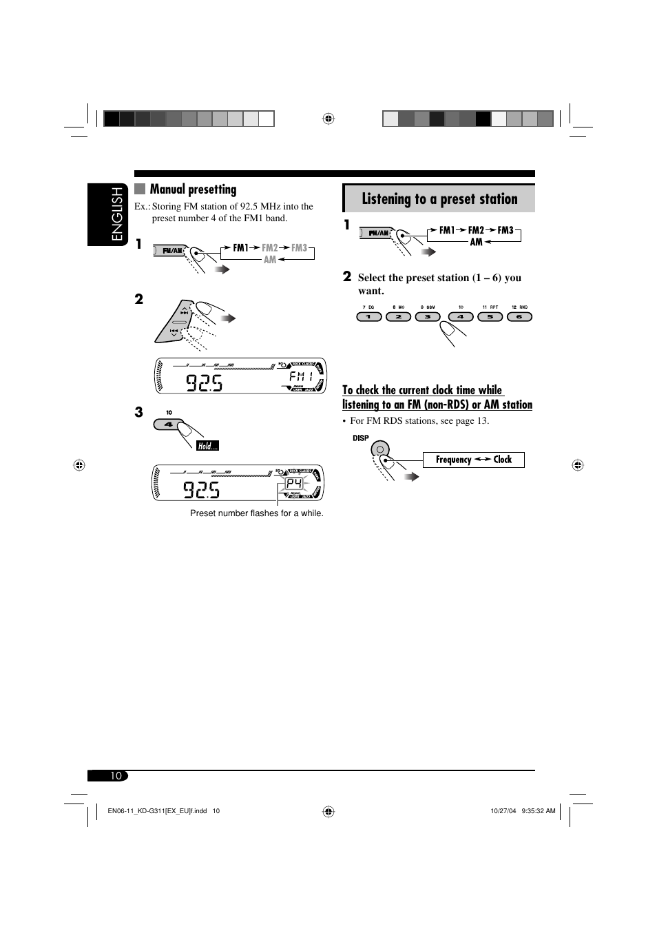 Listening to a preset station, English manual presetting | JVC KD-G311 User Manual | Page 10 / 86