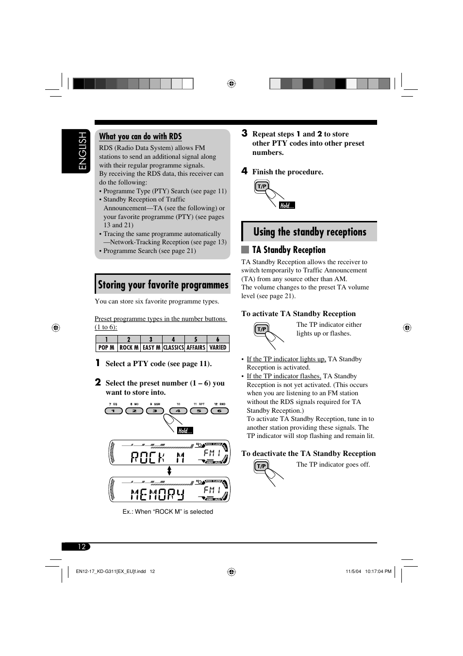 Storing your favorite programmes, Using the standby receptions, English | Ta standby reception | JVC KD-G311 User Manual | Page 12 / 86