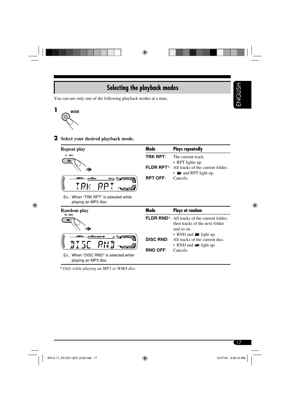 Selecting the playback modes, English | JVC KD-G311 User Manual | Page 17 / 86