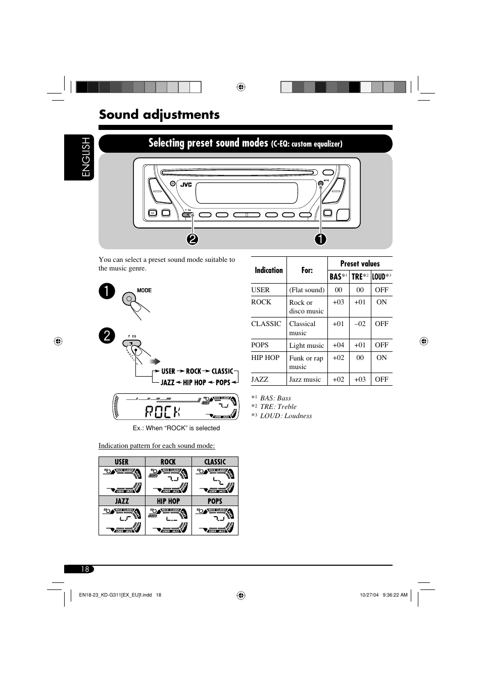 Sound adjustments, Selecting preset sound modes, English | JVC KD-G311 User Manual | Page 18 / 86