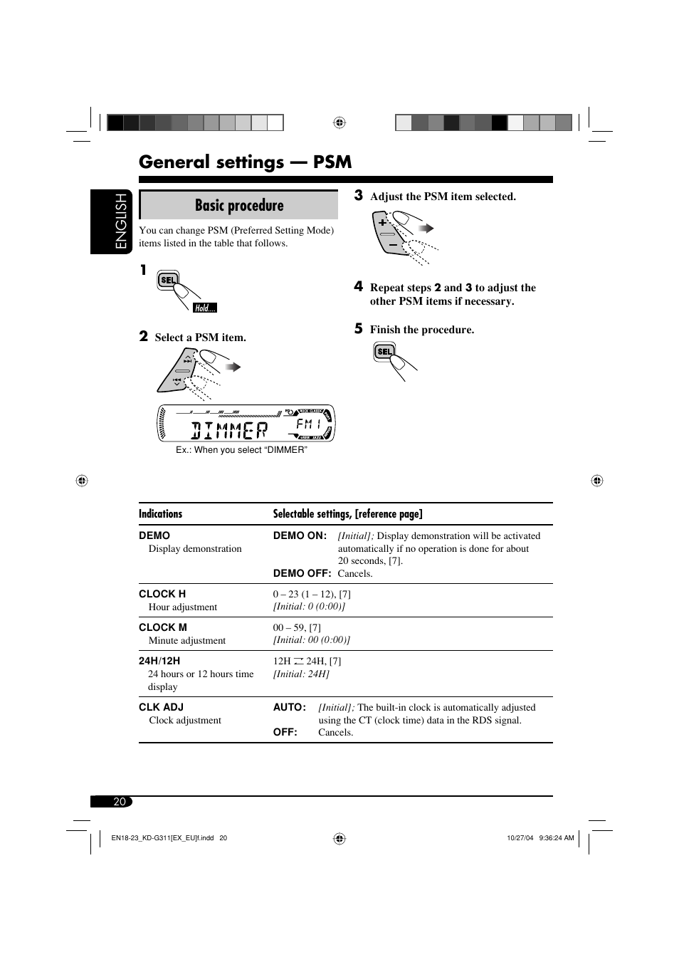 General settings — psm, Basic procedure, English | JVC KD-G311 User Manual | Page 20 / 86