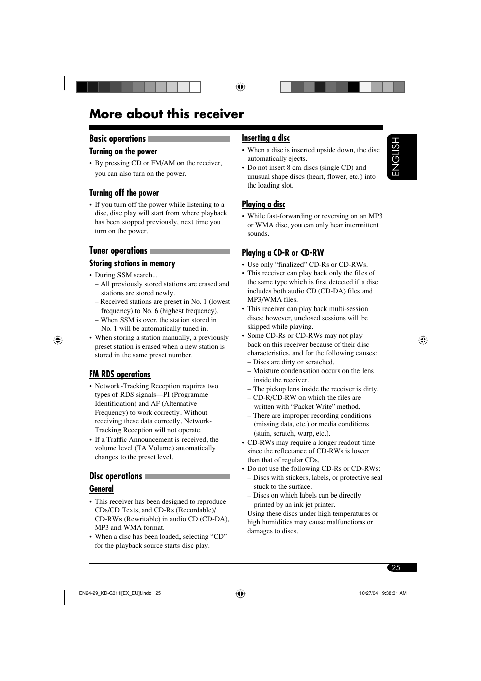 More about this receiver, English, Basic operations | Tuner operations, Disc operations | JVC KD-G311 User Manual | Page 25 / 86