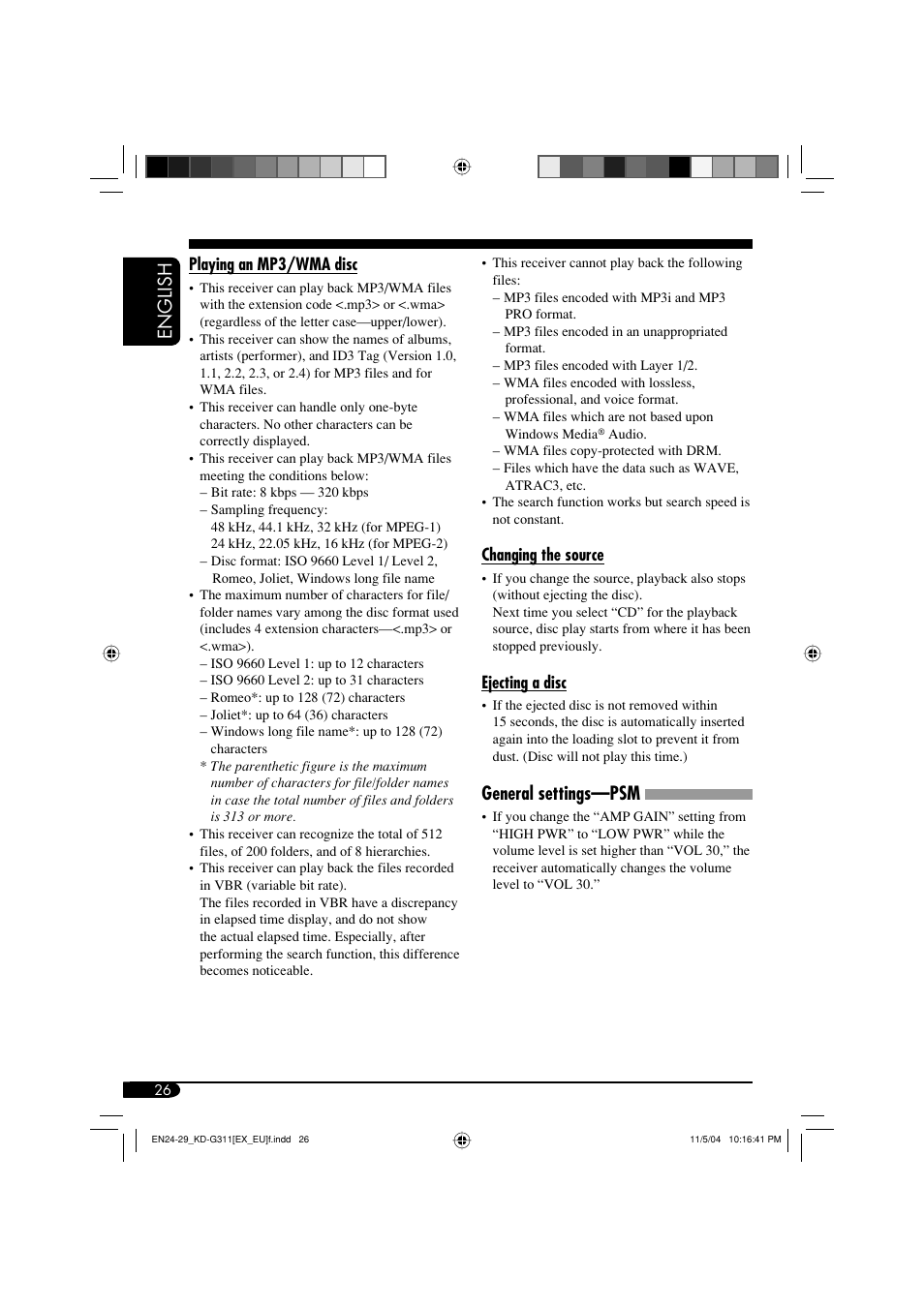 English, General settings—psm | JVC KD-G311 User Manual | Page 26 / 86