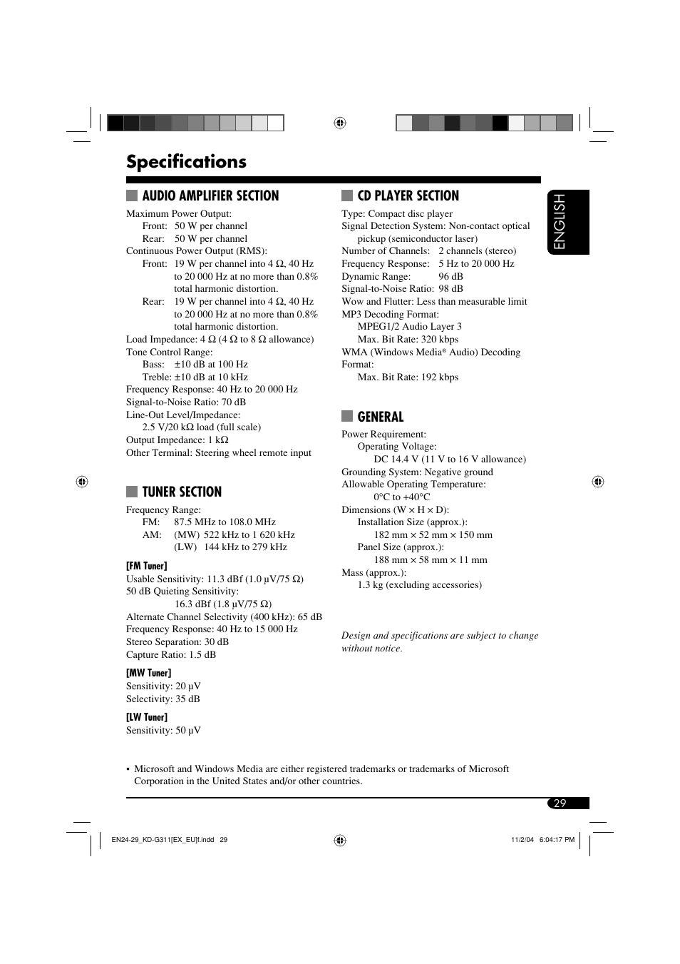 Specifications, English, General | JVC KD-G311 User Manual | Page 29 / 86