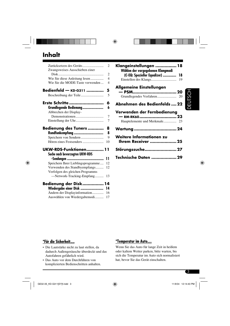 Inhalt, Deutsch | JVC KD-G311 User Manual | Page 31 / 86