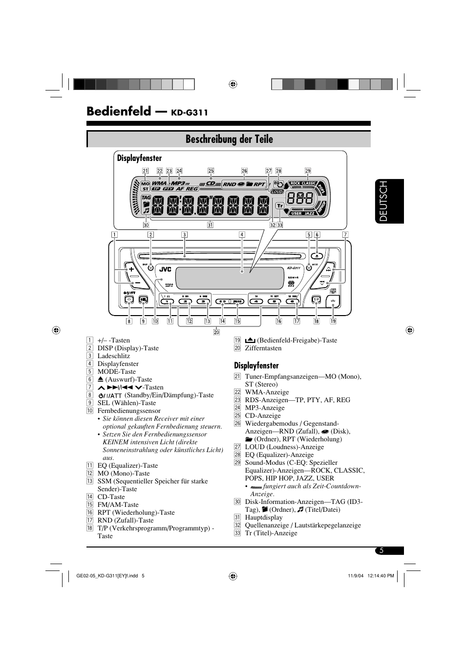 Bedienfeld, Beschreibung der teile, Deutsch | JVC KD-G311 User Manual | Page 33 / 86