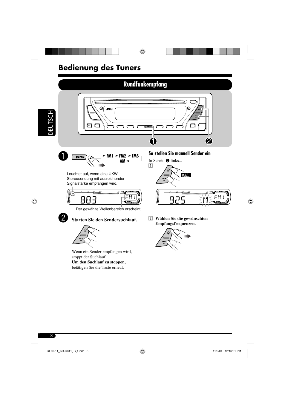 Bedienung des tuners, Rundfunkempfang | JVC KD-G311 User Manual | Page 36 / 86