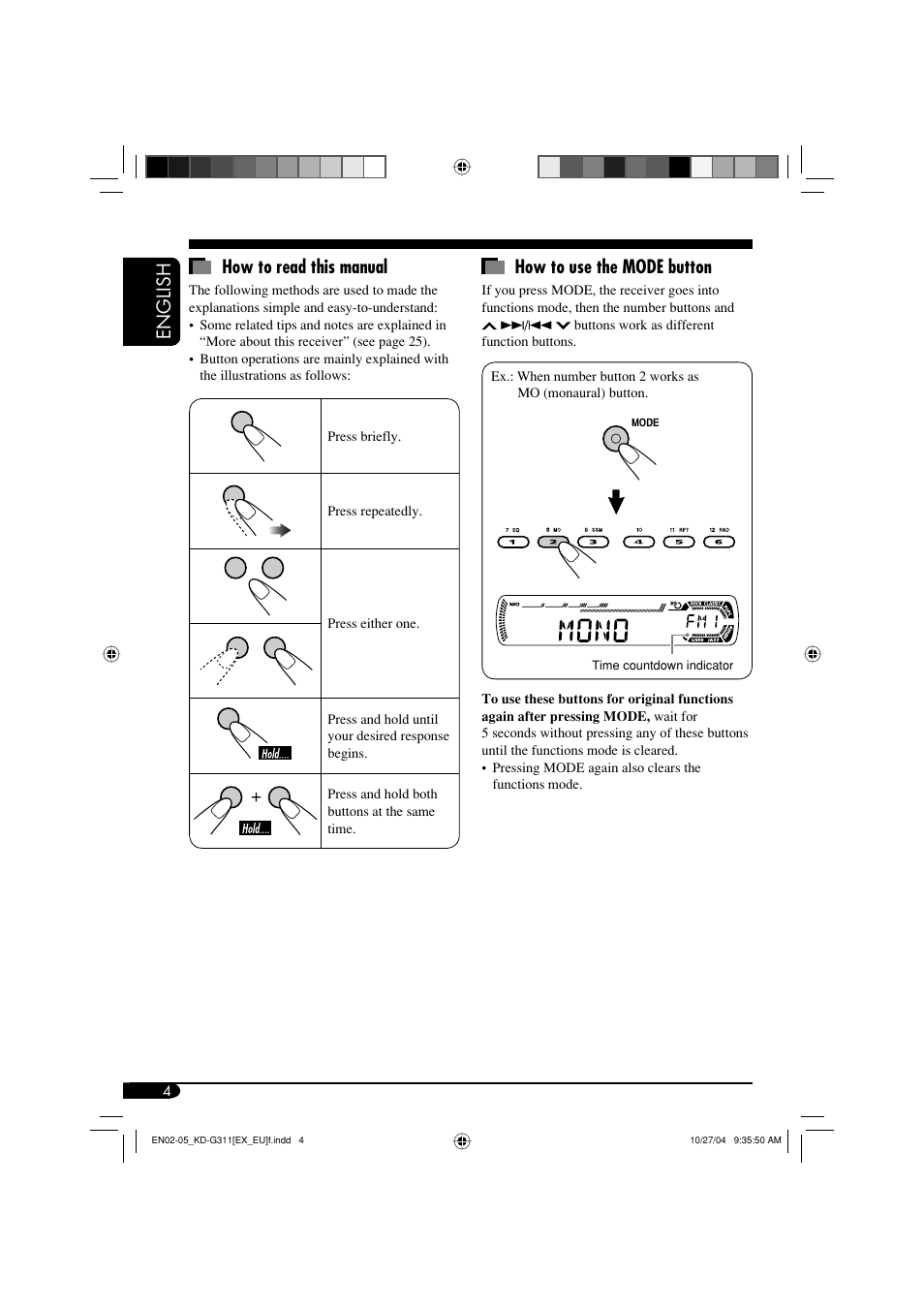 English how to use the mode button, How to read this manual | JVC KD-G311 User Manual | Page 4 / 86