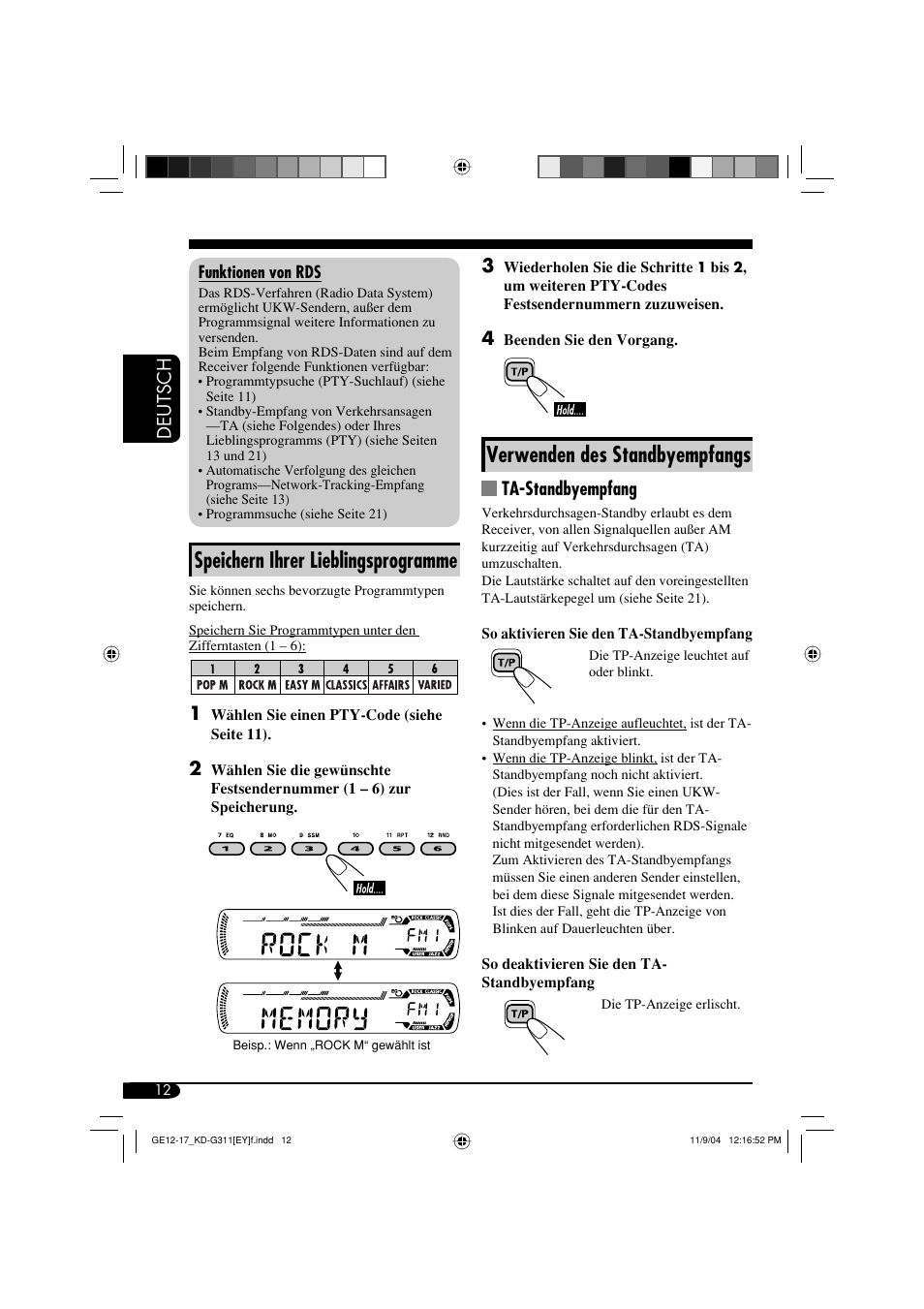 Speichern ihrer lieblingsprogramme, Verwenden des standbyempfangs, Deutsch | Ta-standbyempfang | JVC KD-G311 User Manual | Page 40 / 86