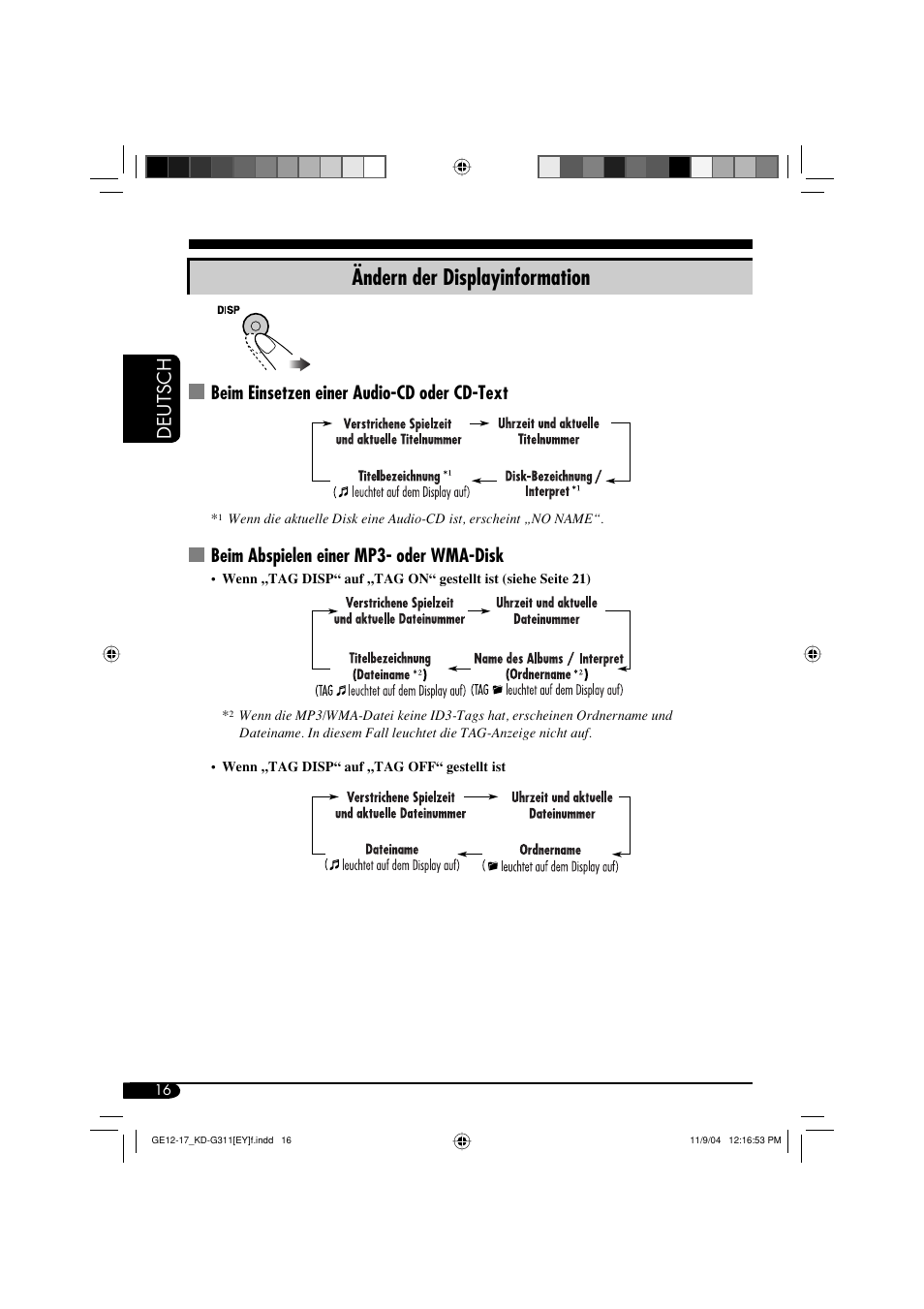 Ändern der displayinformation, Deutsch, Beim einsetzen einer audio-cd oder cd-text | Beim abspielen einer mp3- oder wma-disk | JVC KD-G311 User Manual | Page 44 / 86