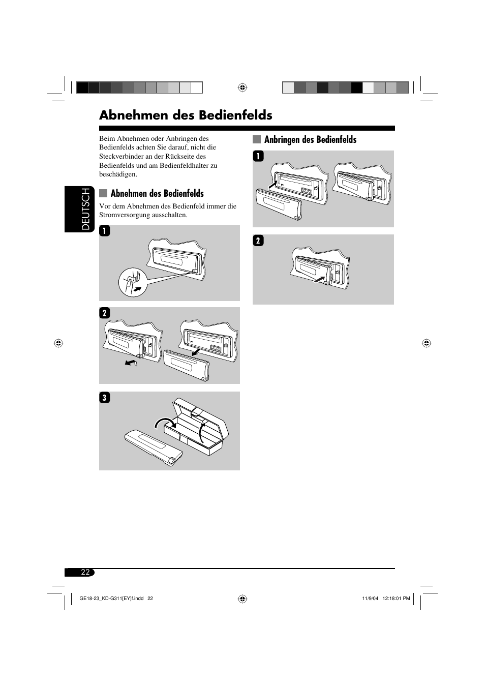 Deutsch, Abnehmen des bedienfelds, Anbringen des bedienfelds | JVC KD-G311 User Manual | Page 50 / 86