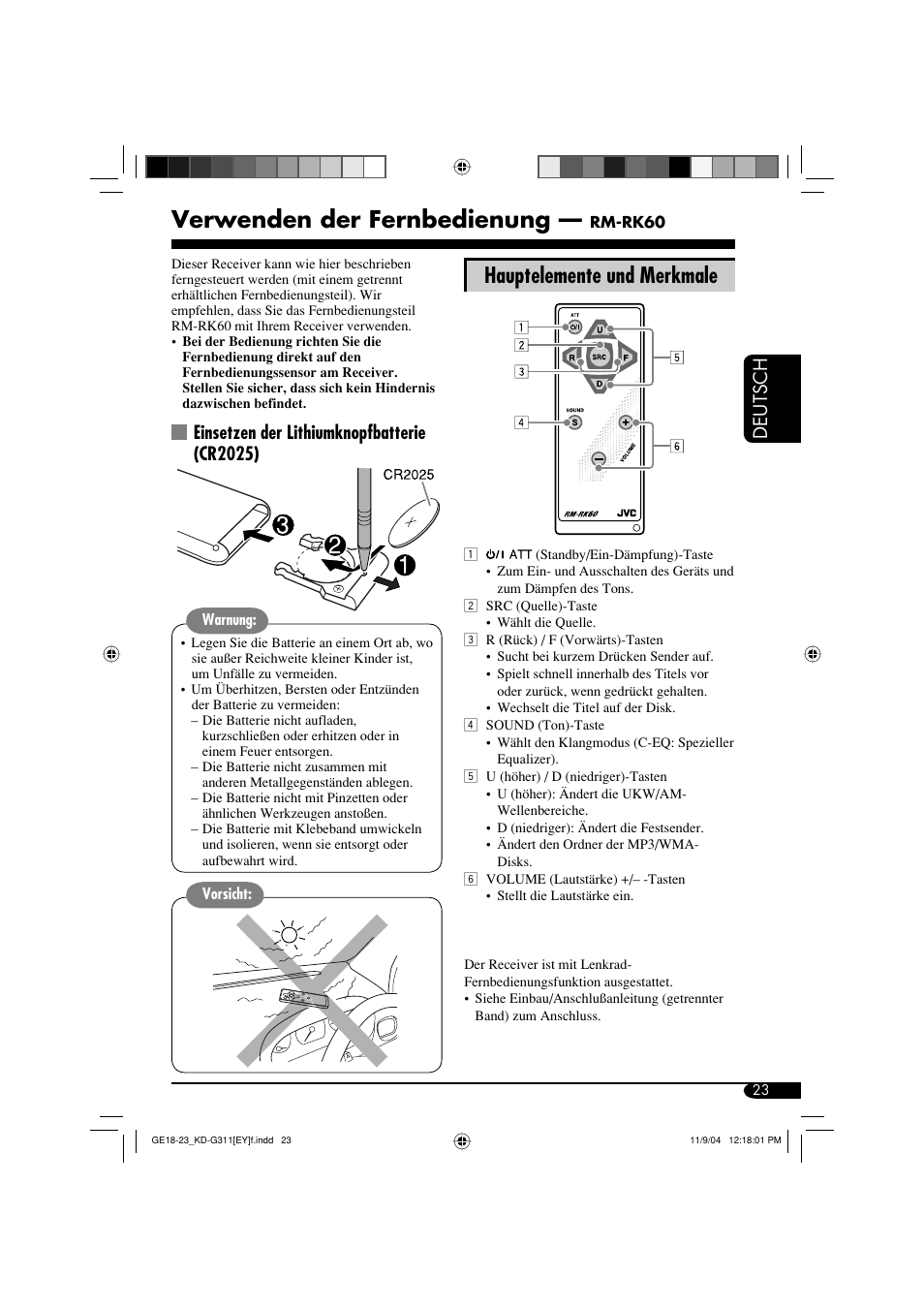 Verwenden der fernbedienung, Hauptelemente und merkmale, Deutsch | Einsetzen der lithiumknopfbatterie (cr2025) | JVC KD-G311 User Manual | Page 51 / 86