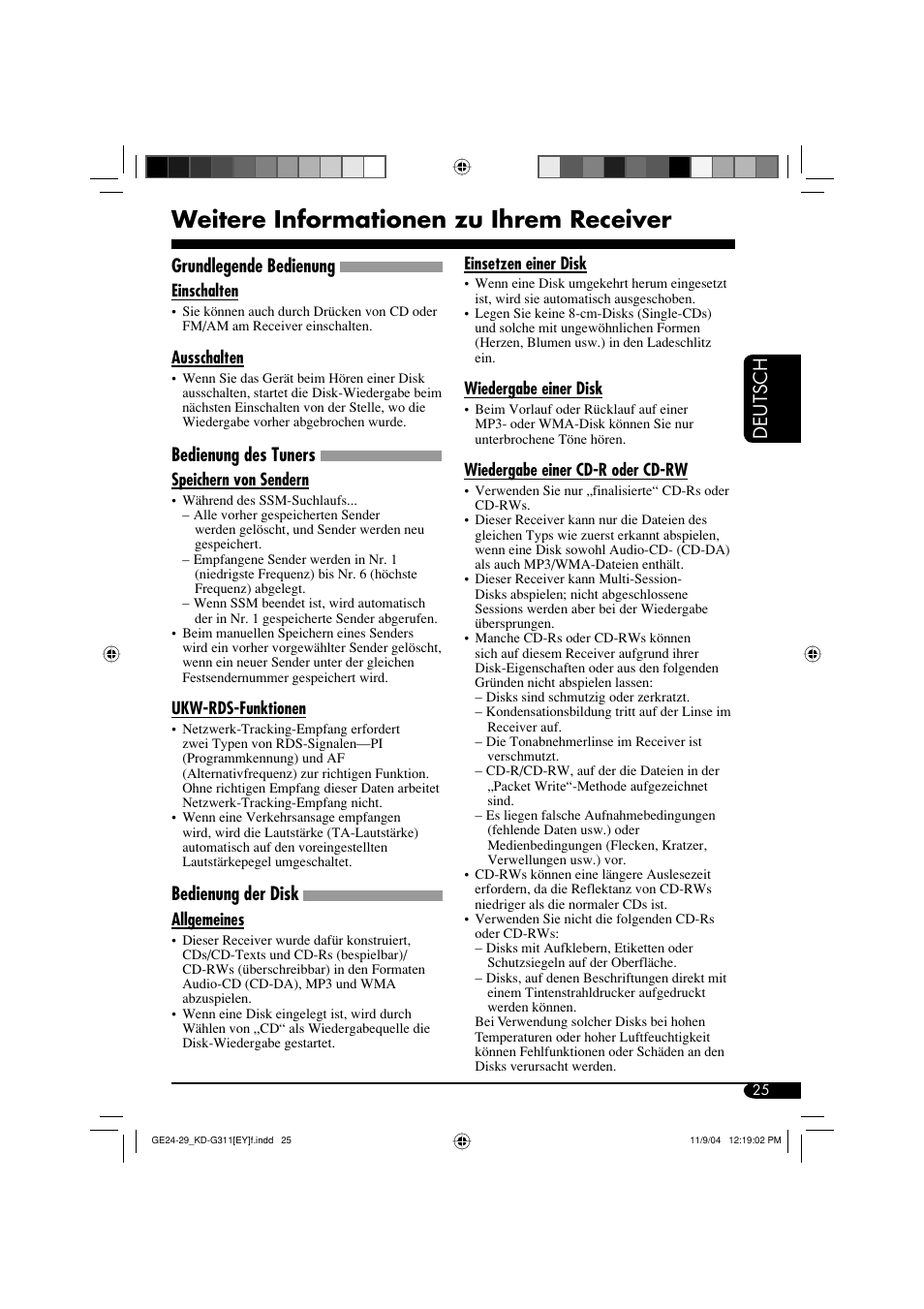 Weitere informationen zu ihrem receiver, Deutsch, Grundlegende bedienung | Bedienung des tuners, Bedienung der disk | JVC KD-G311 User Manual | Page 53 / 86