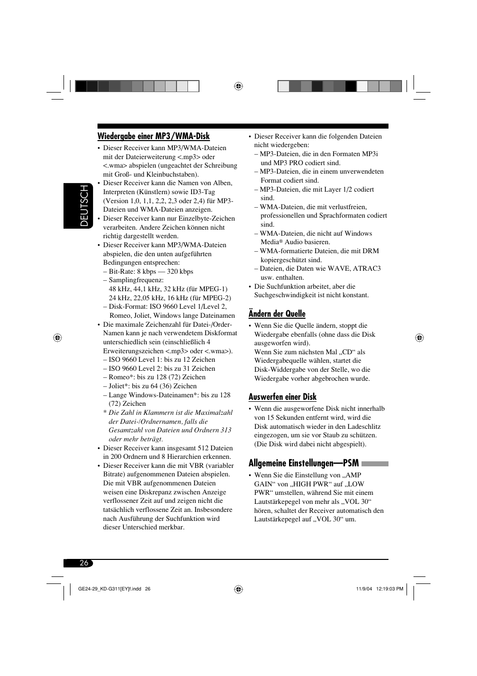 Deutsch, Allgemeine einstellungen—psm | JVC KD-G311 User Manual | Page 54 / 86