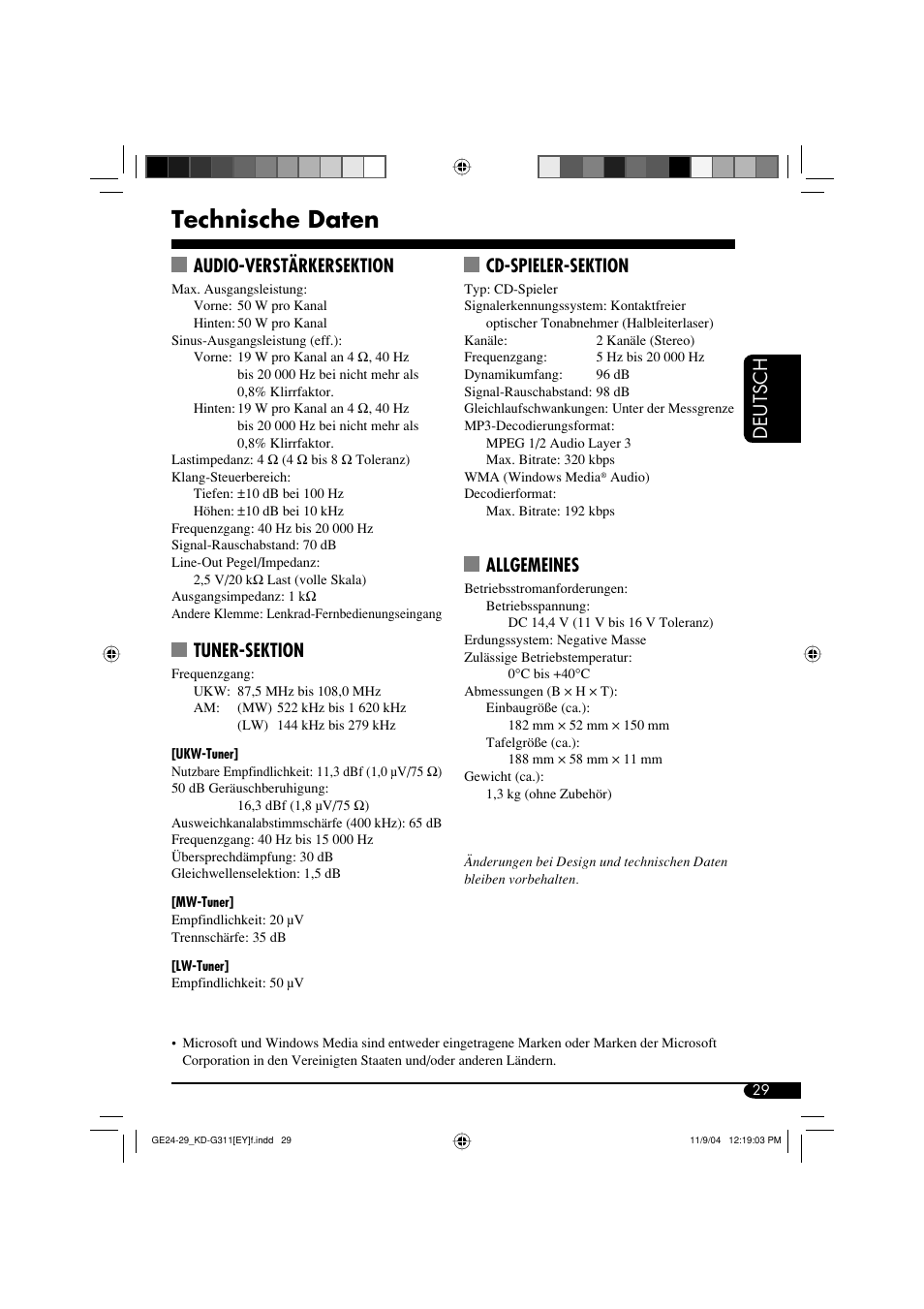 Technische daten, Deutsch, Audio-verstärkersektion | Tuner-sektion, Cd-spieler-sektion, Allgemeines | JVC KD-G311 User Manual | Page 57 / 86