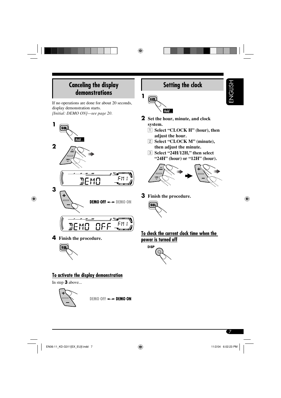 Canceling the display demonstrations, Setting the clock | JVC KD-G311 User Manual | Page 7 / 86