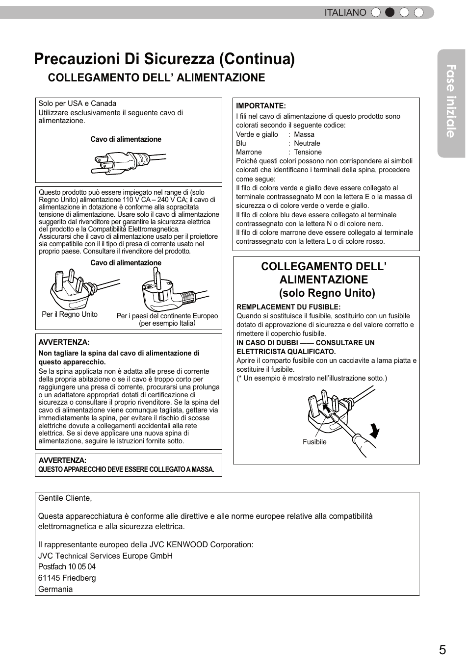 Precauzioni di sicurezza (continua), Fase iniziale, Collegamento dell’ alimentazione | Italiano | JVC DLA-X90R User Manual | Page 101 / 192