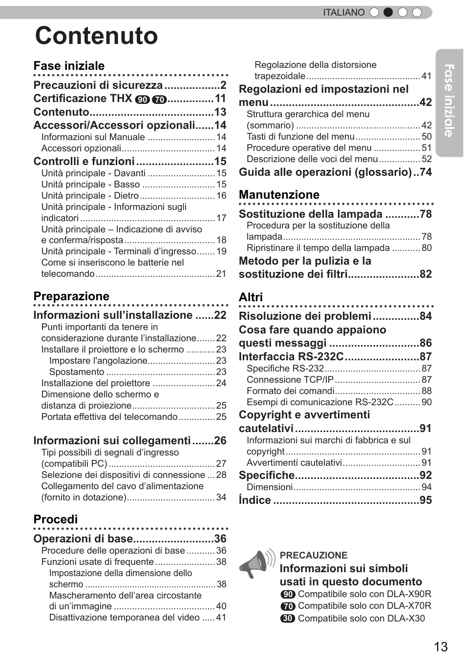 Contenuto, Fase iniziale, Preparazione | Procedi, Manutenzione, Altri | JVC DLA-X90R User Manual | Page 109 / 192