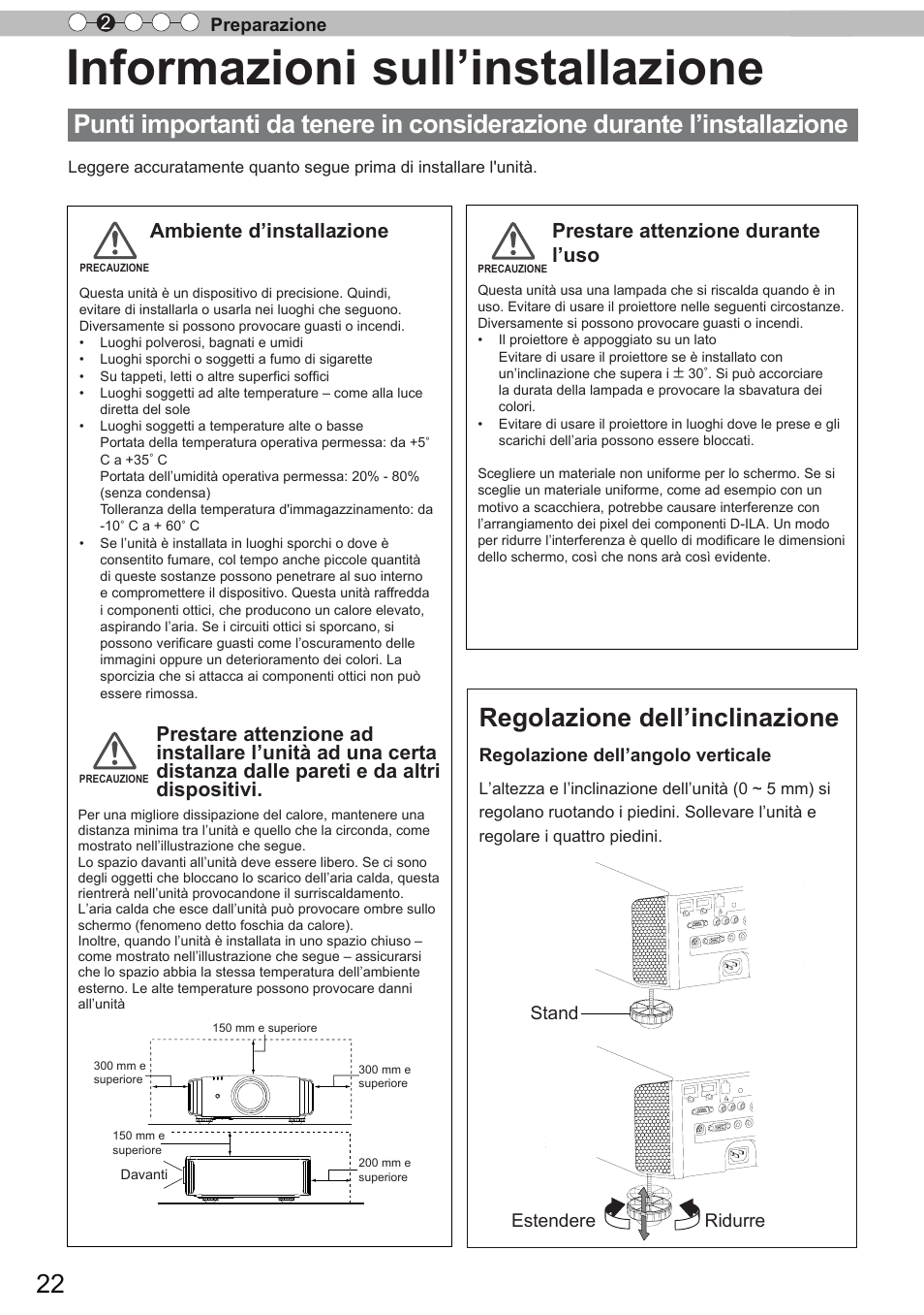 Informazioni sull’installazione, Regolazione dell’inclinazione, Preparazione 2 | Regolazione dell’angolo verticale, Estendere ridurre, Stand | JVC DLA-X90R User Manual | Page 118 / 192