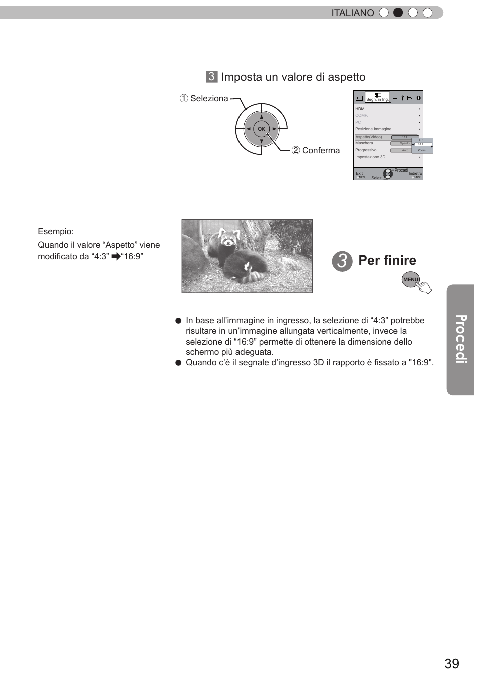 Procedi, Per finire, 3imposta un valore di aspetto | Italiano, Seleziona ② conferma | JVC DLA-X90R User Manual | Page 135 / 192