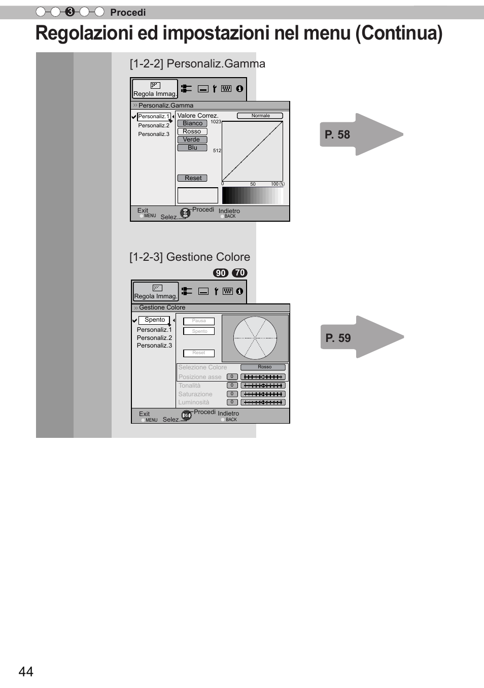 Regolazioni ed impostazioni nel menu (continua), 2-3] gestione colore, Procedi 3 | JVC DLA-X90R User Manual | Page 140 / 192