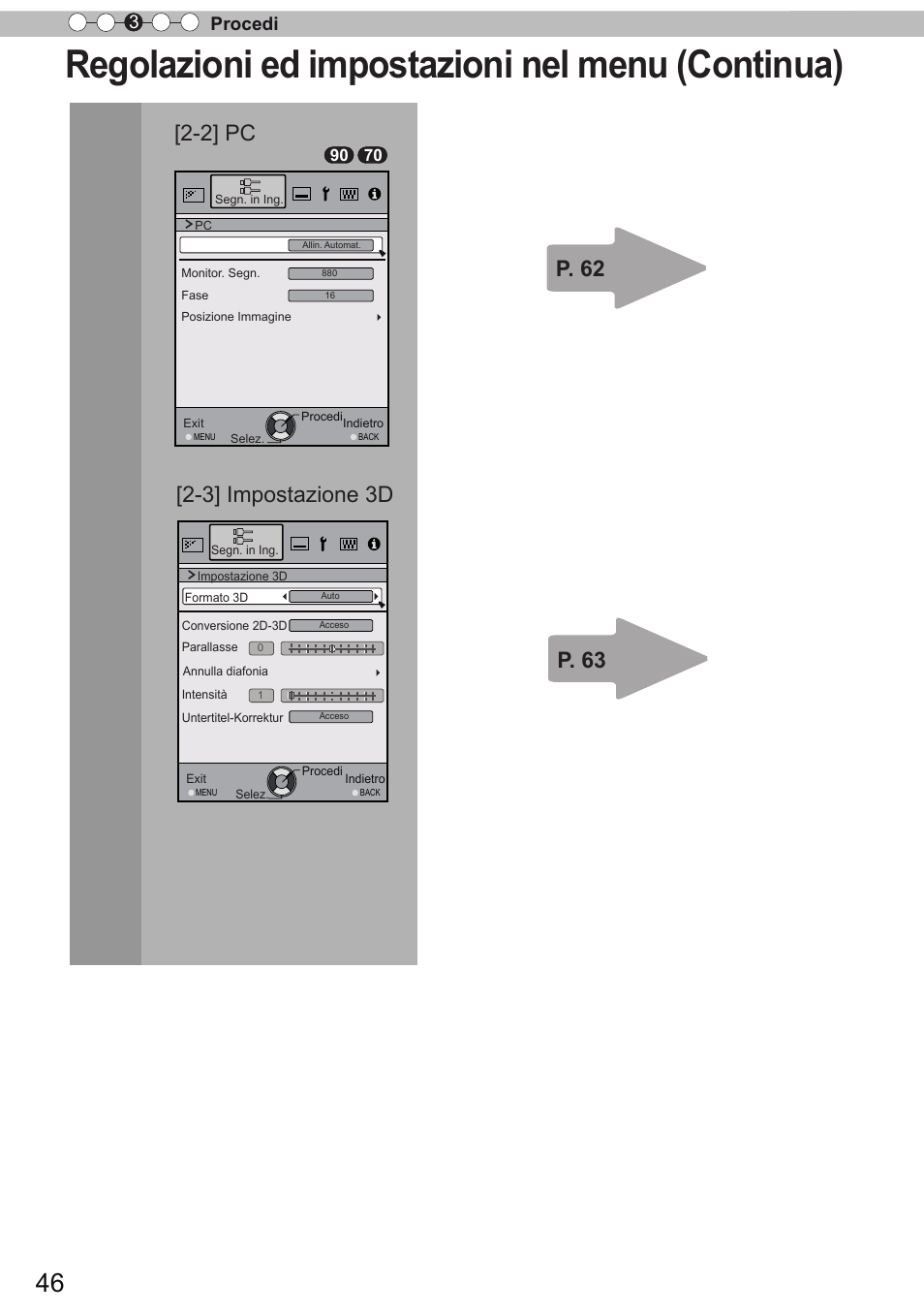 Regolazioni ed impostazioni nel menu (continua), P. 62 p. 63, 2] pc | 3] impostazione 3d, Procedi 3 | JVC DLA-X90R User Manual | Page 142 / 192