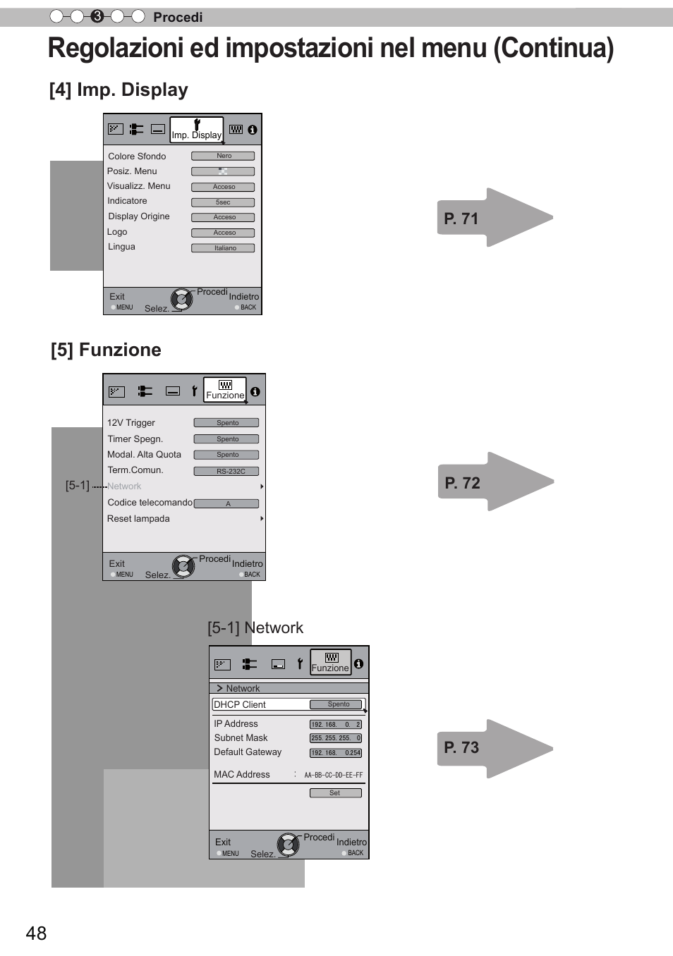 Regolazioni ed impostazioni nel menu (continua), 4] imp. display [5] funzione, 1] network | Procedi 3 | JVC DLA-X90R User Manual | Page 144 / 192