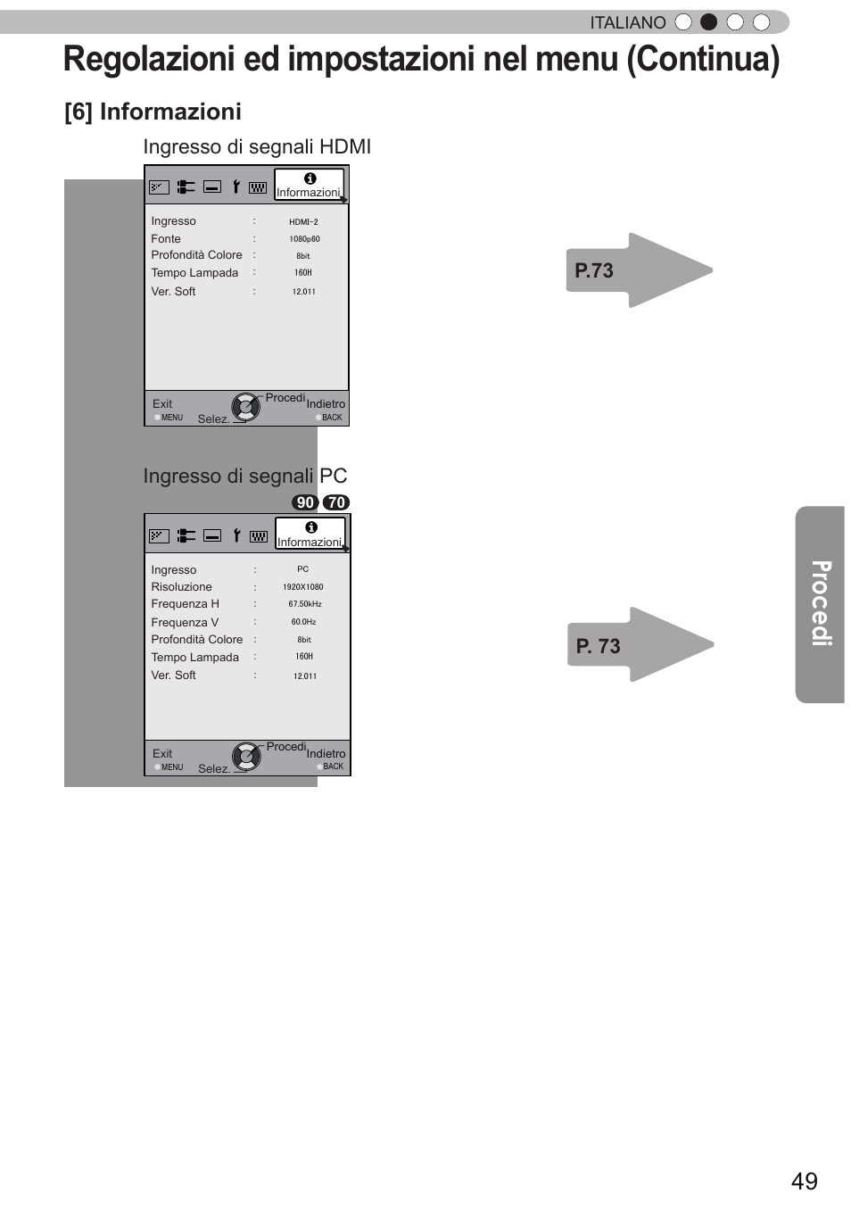 Regolazioni ed impostazioni nel menu (continua), Procedi, 6] informazioni | Italiano | JVC DLA-X90R User Manual | Page 145 / 192