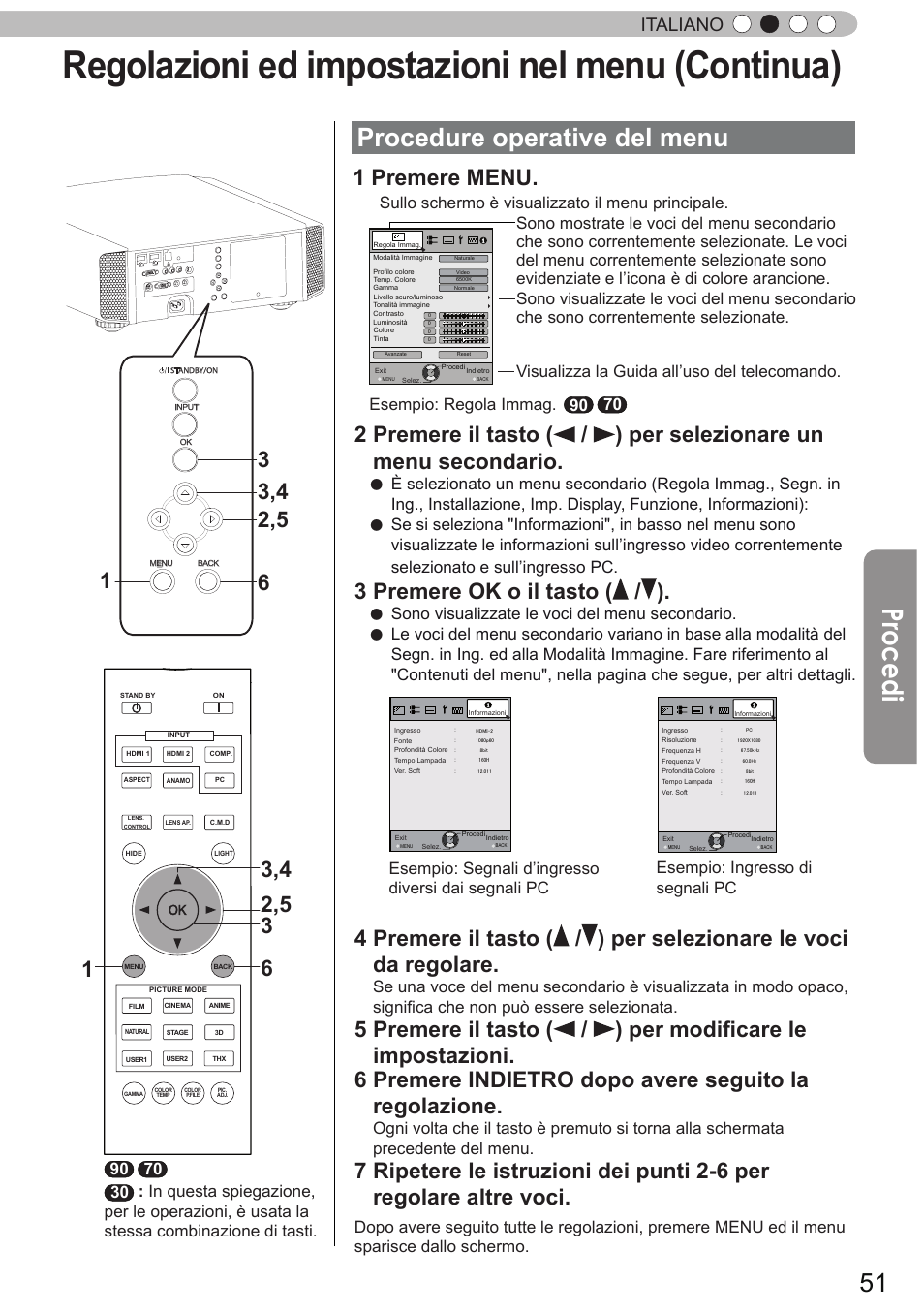 Regolazioni ed impostazioni nel menu (continua), Procedi, Procedure operative del menu | 1 premere menu, 3 premere ok o il tasto ( / ), Italiano, Sullo schermo è visualizzato il menu principale, Sono visualizzate le voci del menu secondario | JVC DLA-X90R User Manual | Page 147 / 192