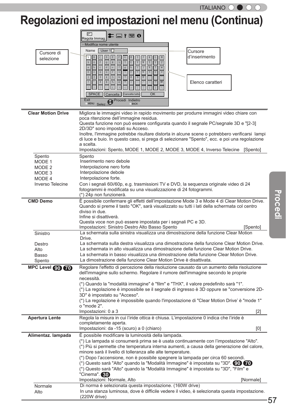 Regolazioni ed impostazioni nel menu (continua), Procedi, Italiano | JVC DLA-X90R User Manual | Page 153 / 192