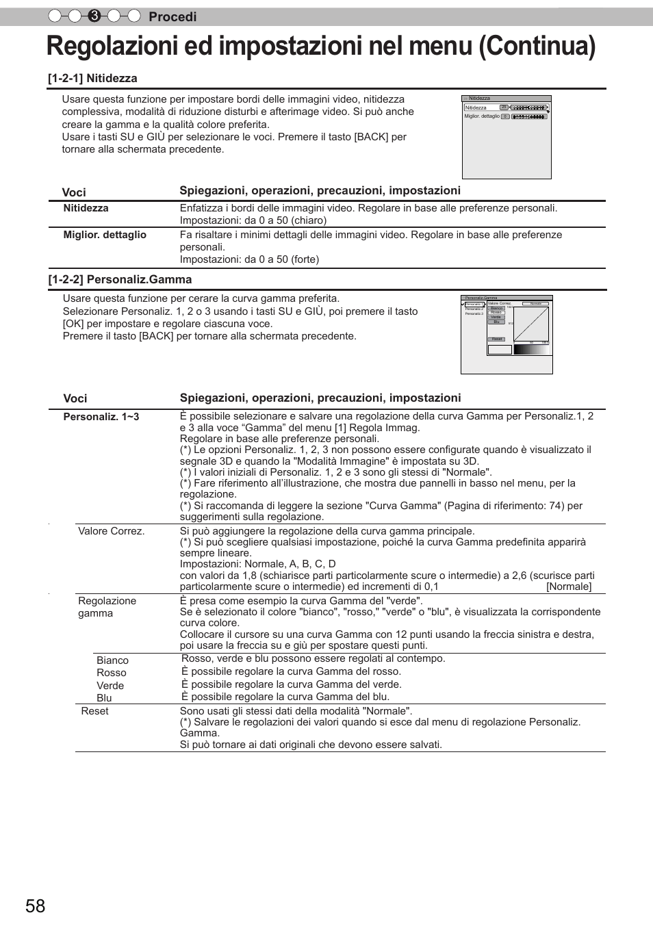 Regolazioni ed impostazioni nel menu (continua), Procedi 3, 2-1] nitidezza | 2-2] personaliz.gamma | JVC DLA-X90R User Manual | Page 154 / 192