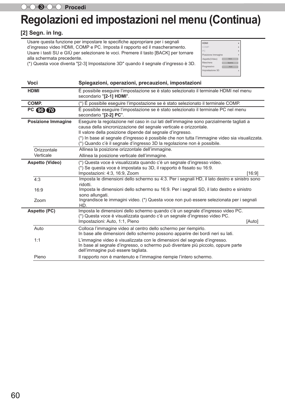 Regolazioni ed impostazioni nel menu (continua), Procedi 3, 2] segn. in ing | JVC DLA-X90R User Manual | Page 156 / 192