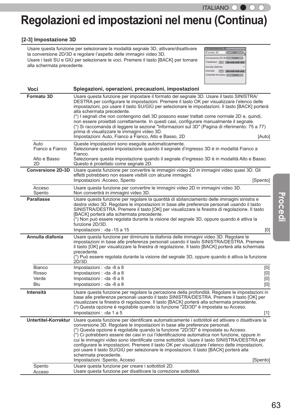 Regolazioni ed impostazioni nel menu (continua), Procedi, Italiano | JVC DLA-X90R User Manual | Page 159 / 192