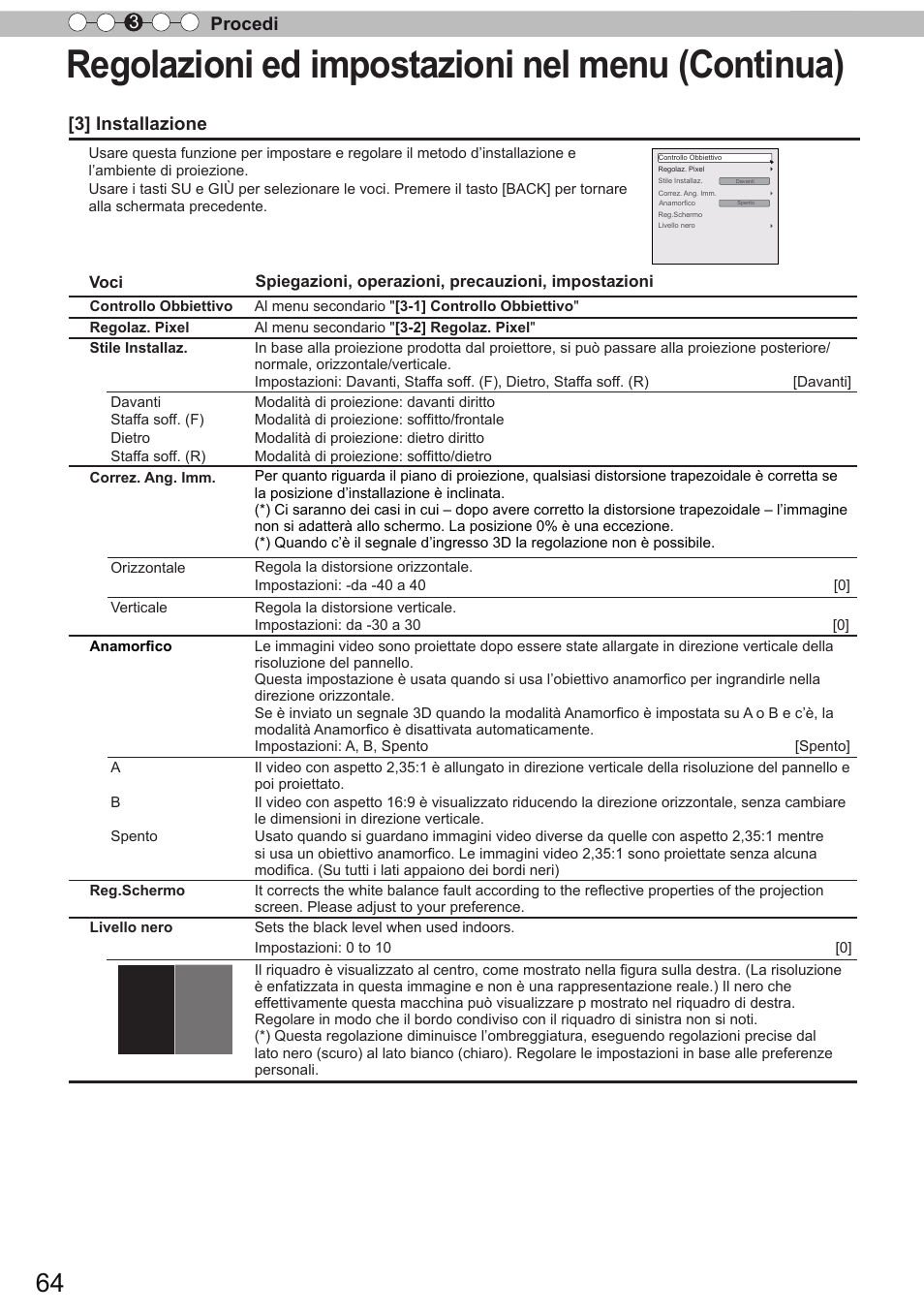 Regolazioni ed impostazioni nel menu (continua), Procedi 3, 3] installazione | JVC DLA-X90R User Manual | Page 160 / 192