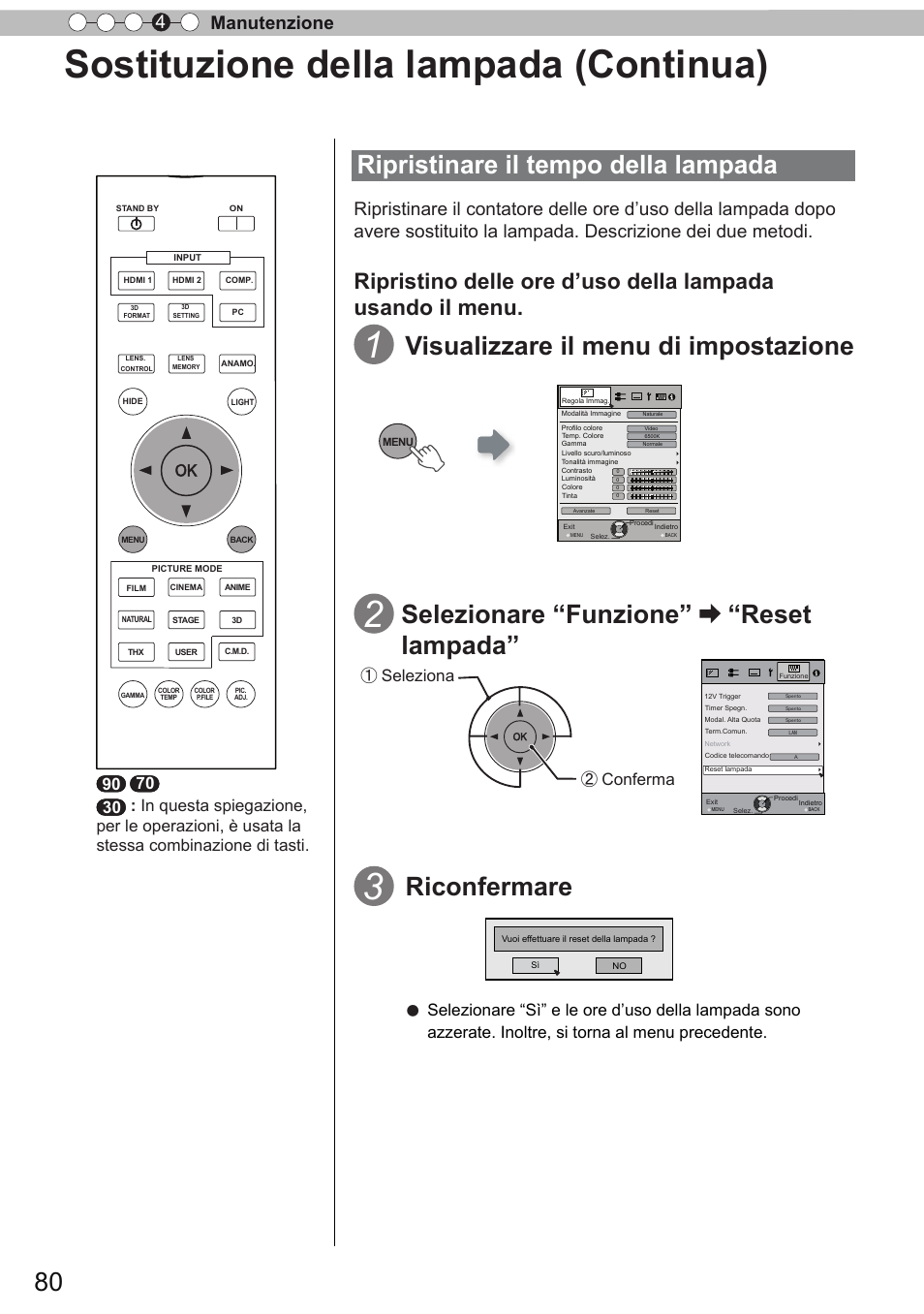 Sostituzione della lampada (continua), Ripristinare il tempo della lampada, Riconfermare | Manutenzione 4 | JVC DLA-X90R User Manual | Page 176 / 192