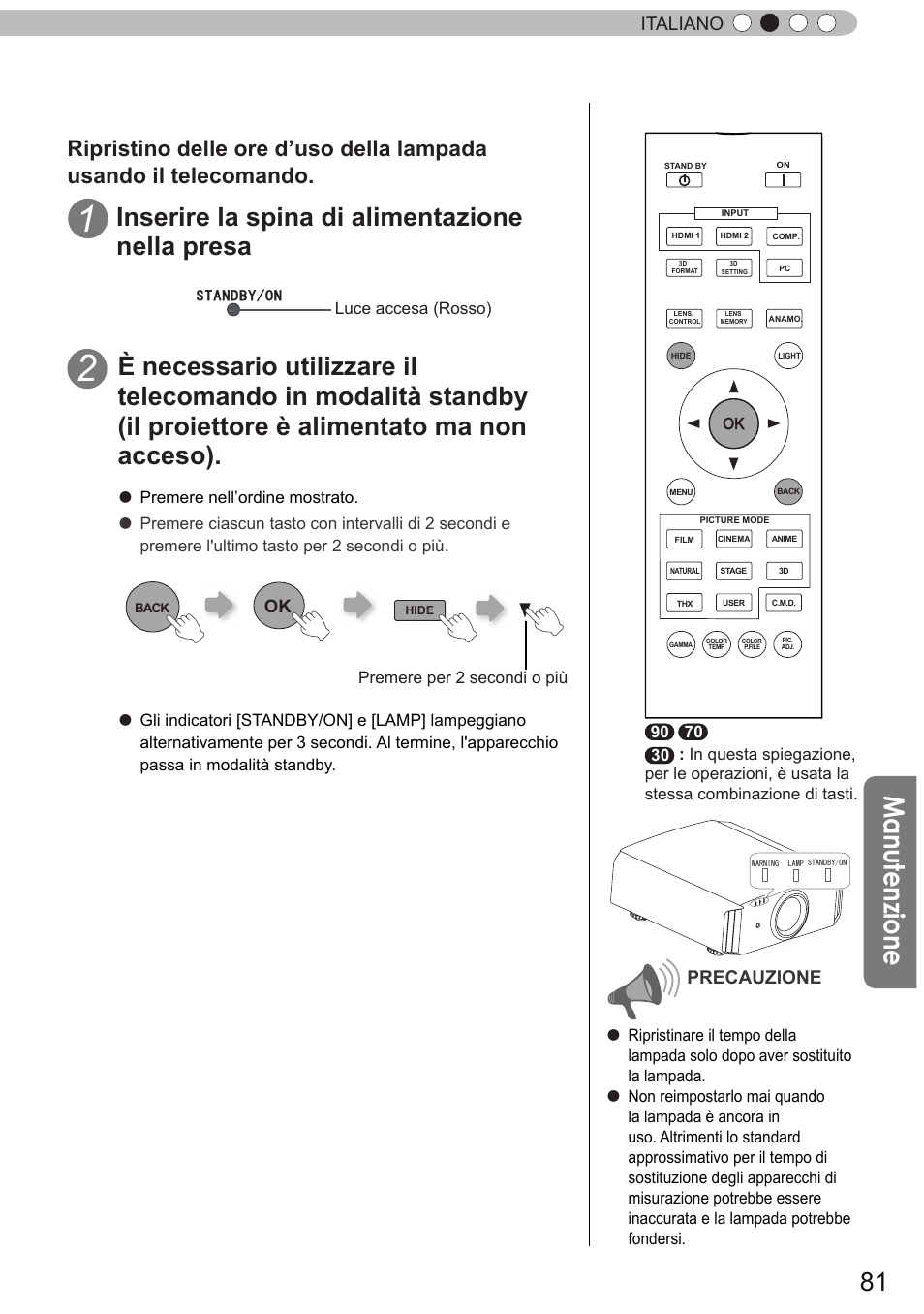 Man ute nzio ne, Inserire la spina di alimentazione nella presa, Italiano | Precauzione | JVC DLA-X90R User Manual | Page 177 / 192