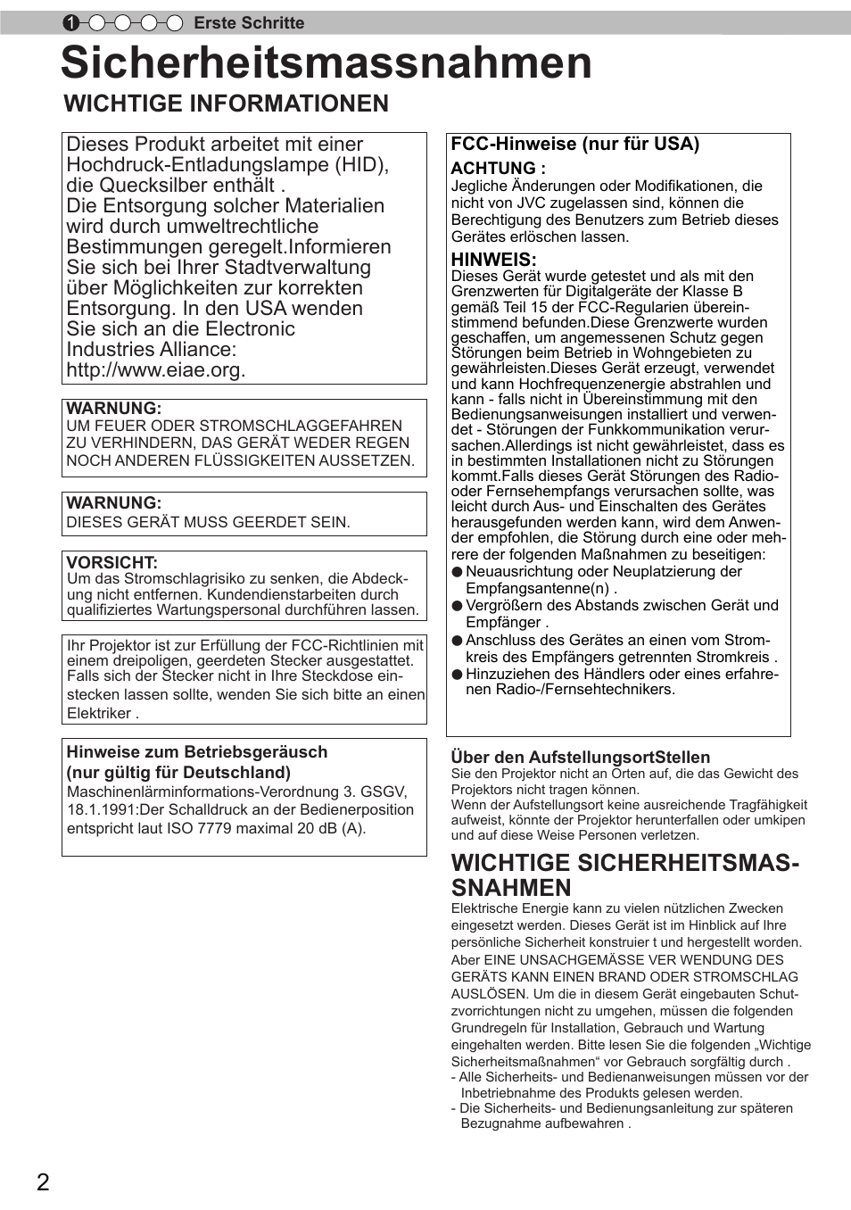 Sicherheitsmassnahmen, Wichtige informationen, Wichtige sicherheitsmas- snahmen | JVC DLA-X90R User Manual | Page 2 / 192