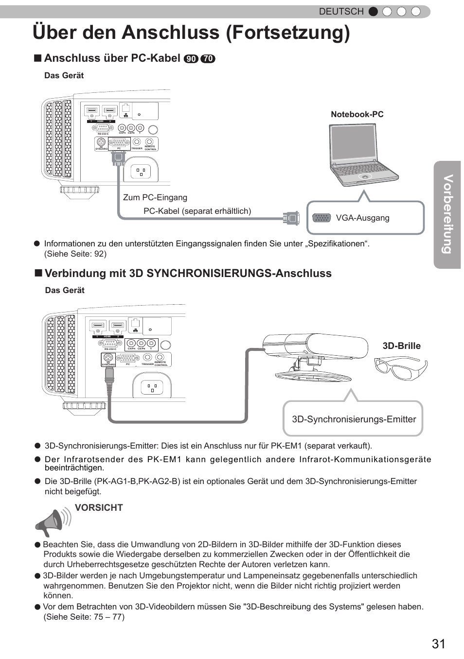 Über den anschluss (fortsetzung), Vorbereitung, Anschluss über pc-kabel | Verbindung mit 3d synchronisierungs-anschluss, Deutsch, 3d-synchronisierungs-emitter 3d-brille vorsicht, Das gerät | JVC DLA-X90R User Manual | Page 31 / 192