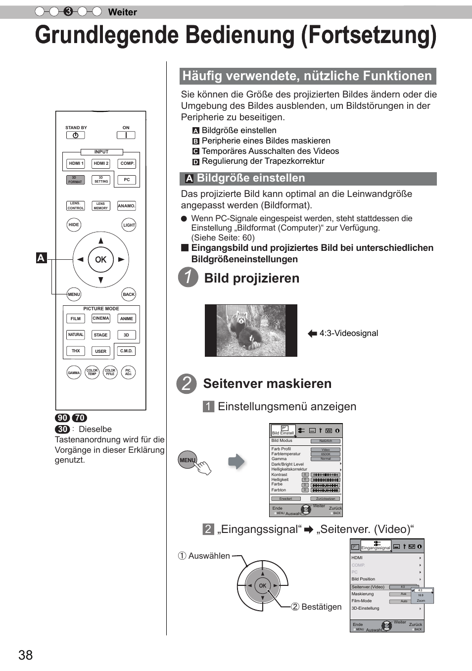 Grundlegende bedienung (fortsetzung), Häufig verwendete, nützliche funktionen, Bild projizieren | Seitenver maskieren, Bildgröße einstellen, 1 einstellungsmenü anzeigen, 2 „eingangssignal, Seitenver. (video), Weiter 3, 3-videosignal | JVC DLA-X90R User Manual | Page 38 / 192