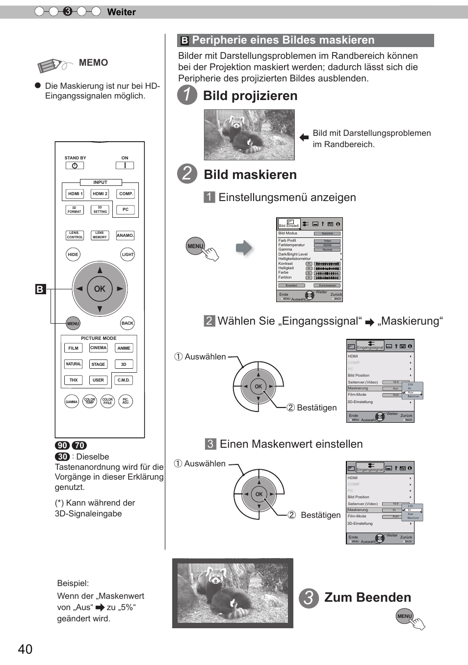 Bild maskieren, Zum beenden, Bild projizieren | 1 einstellungsmenü anzeigen 2, Wählen sie „eingangssignal“ „maskierung, 3einen maskenwert einstellen, Peripherie eines bildes maskieren, Bestätigen, Auswählen ② bestätigen, Auswählen | JVC DLA-X90R User Manual | Page 40 / 192