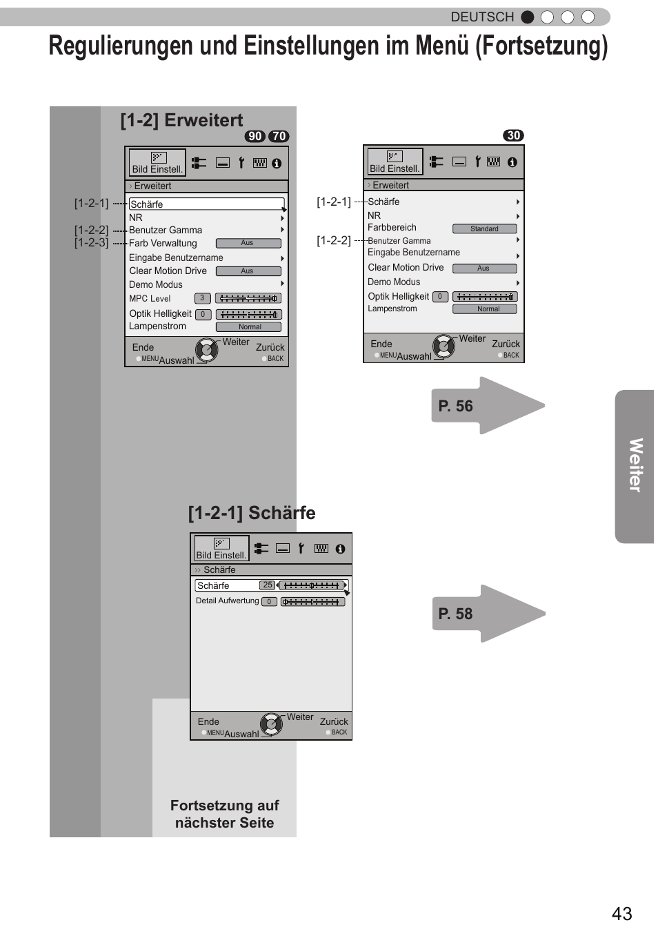 2] erweitert, 2-1] schärfe, Weiter | P. 56 p. 58, Fortsetzung auf nächster seite, Deutsch | JVC DLA-X90R User Manual | Page 43 / 192