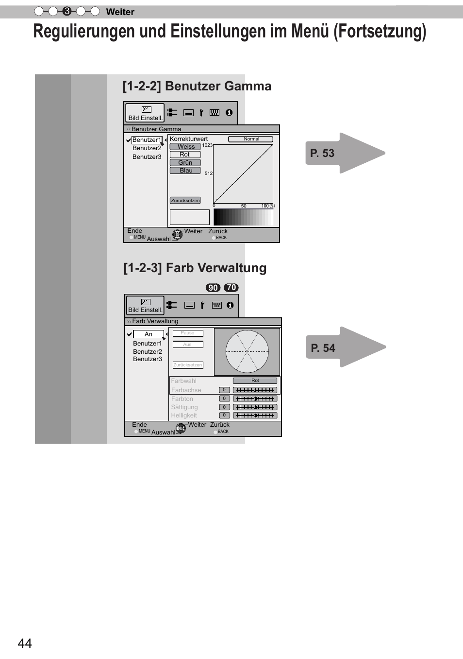 2-3] farb verwaltung, 2-2] benutzer gamma, P. 53 p. 54 | Weiter 3 | JVC DLA-X90R User Manual | Page 44 / 192