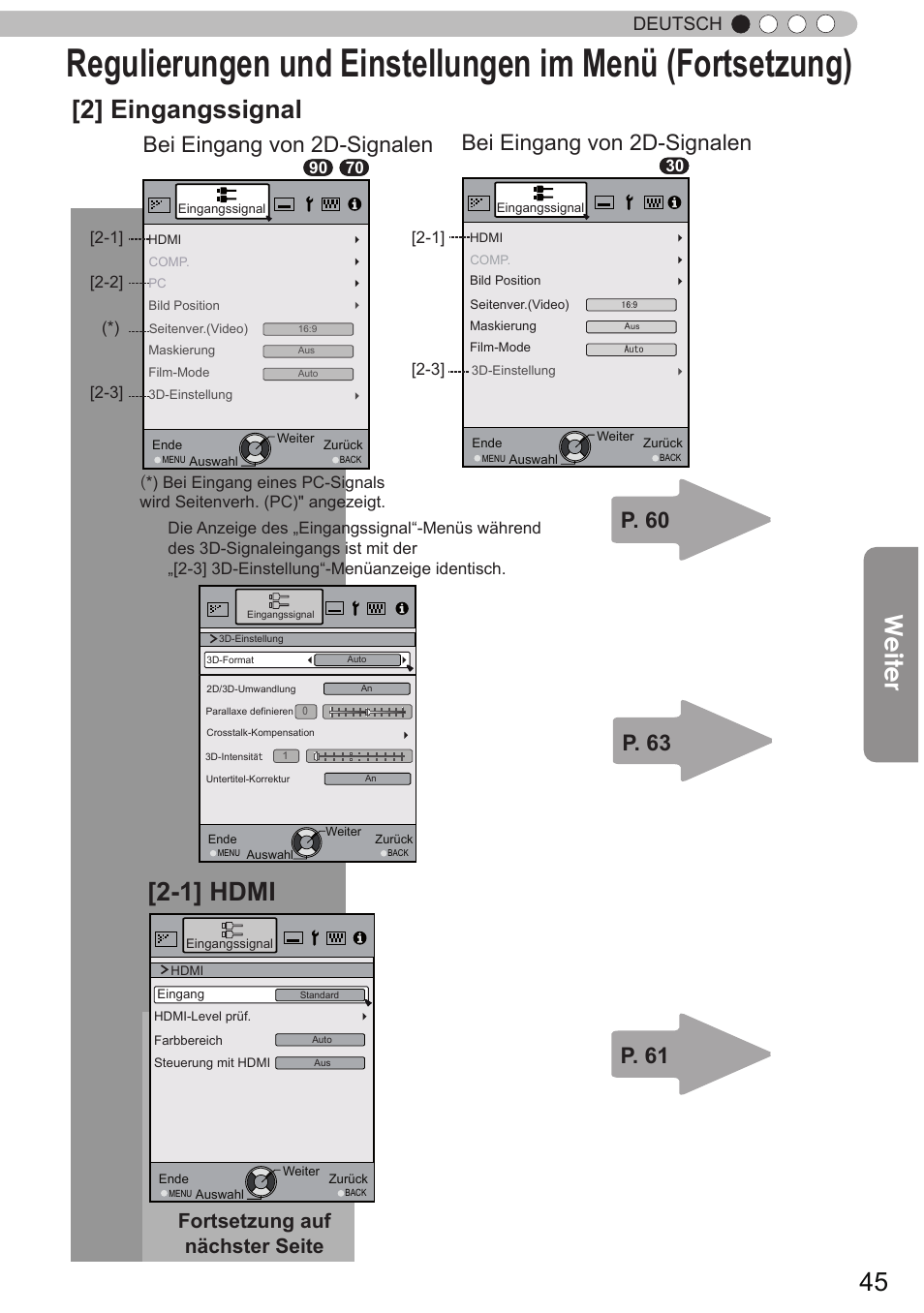 2] eingangssignal, 1] hdmi, Weiter | P. 61, Fortsetzung auf nächster seite, Deutsch | JVC DLA-X90R User Manual | Page 45 / 192