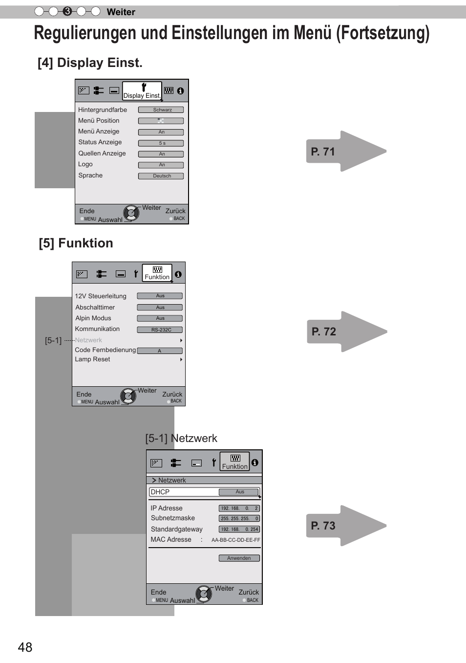 4] display einst. [5] funktion, 1] netzwerk, Weiter 3 | JVC DLA-X90R User Manual | Page 48 / 192