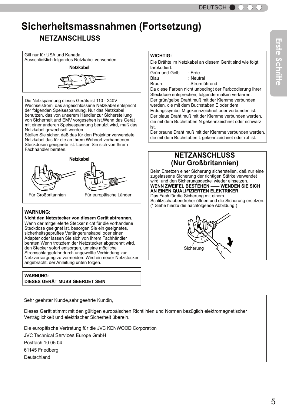 Sicherheitsmassnahmen (fortsetzung), Erste schritte, Netzanschluss | Netzanschluss (nur großbritannien) | JVC DLA-X90R User Manual | Page 5 / 192