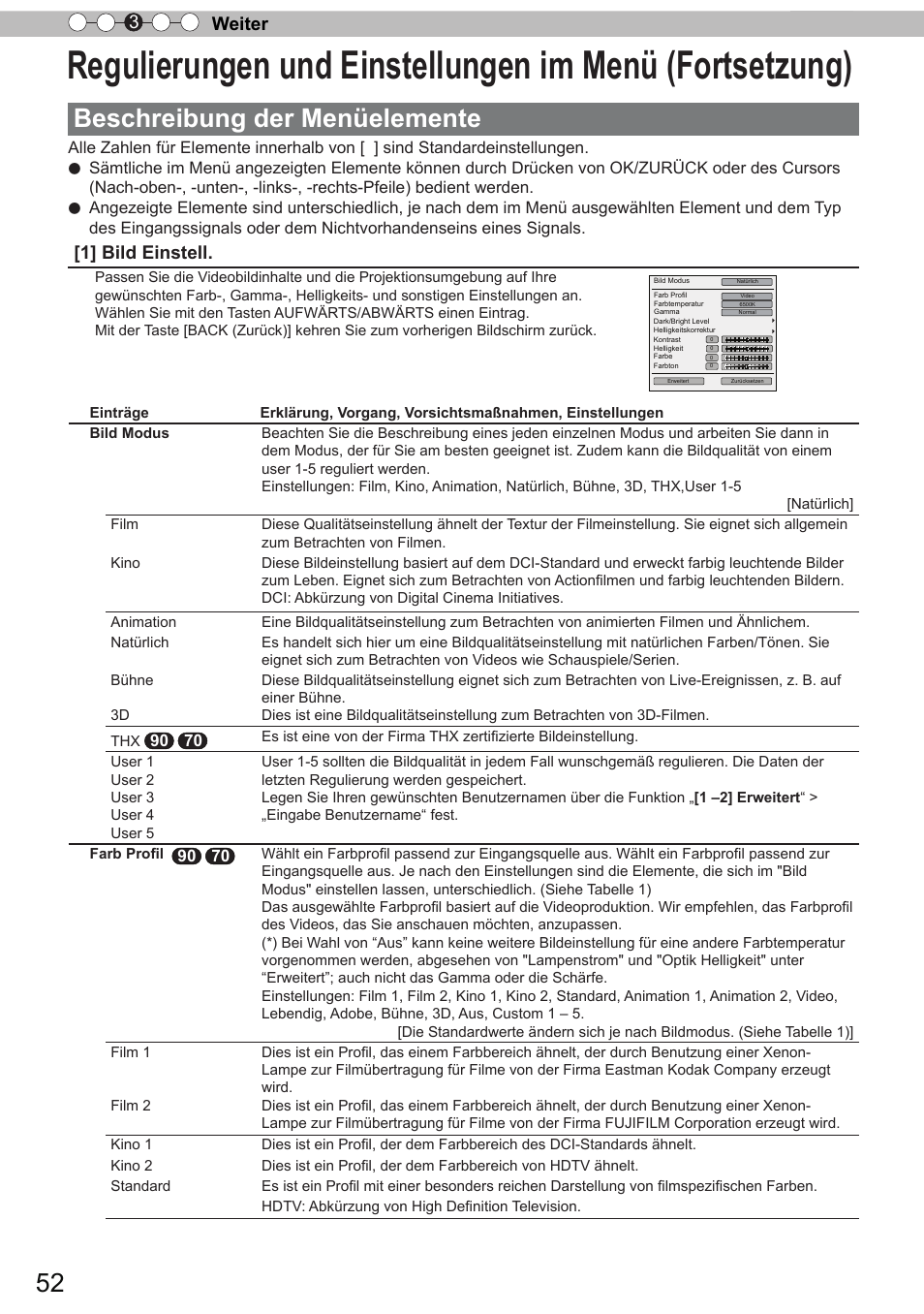 Beschreibung der menüelemente, Weiter 3, 1] bild einstell | JVC DLA-X90R User Manual | Page 52 / 192