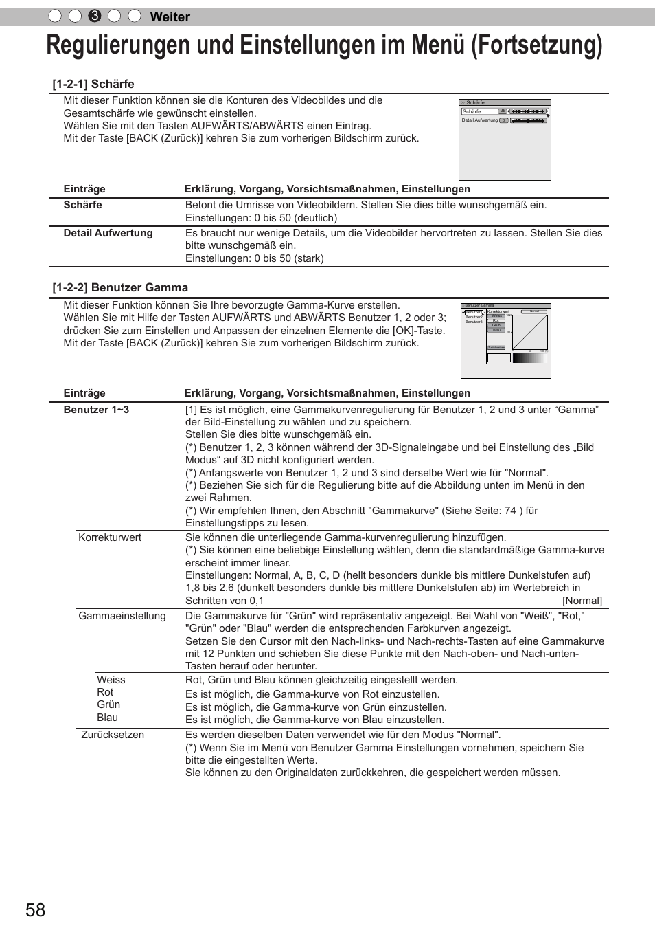 Weiter 3, 2-1] schärfe, 2-2] benutzer gamma | JVC DLA-X90R User Manual | Page 58 / 192