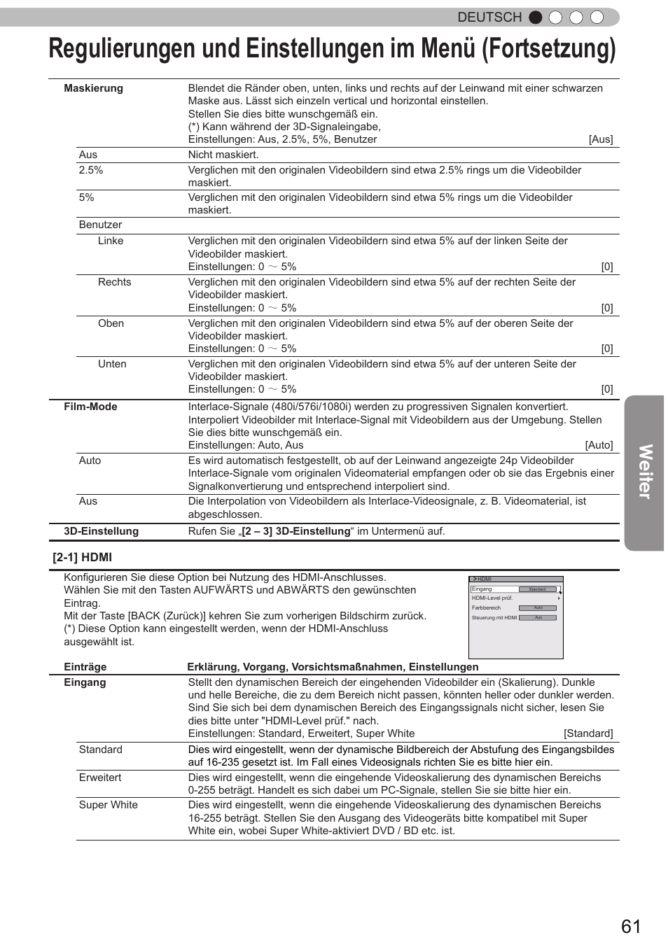 Weiter, Deutsch | JVC DLA-X90R User Manual | Page 61 / 192